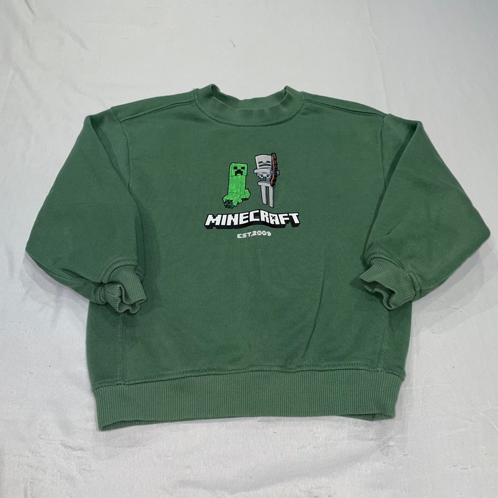H&M Minecraft Kids Green Crewneck Sweatshirt Creeper Skeleton Graphic Size 5T